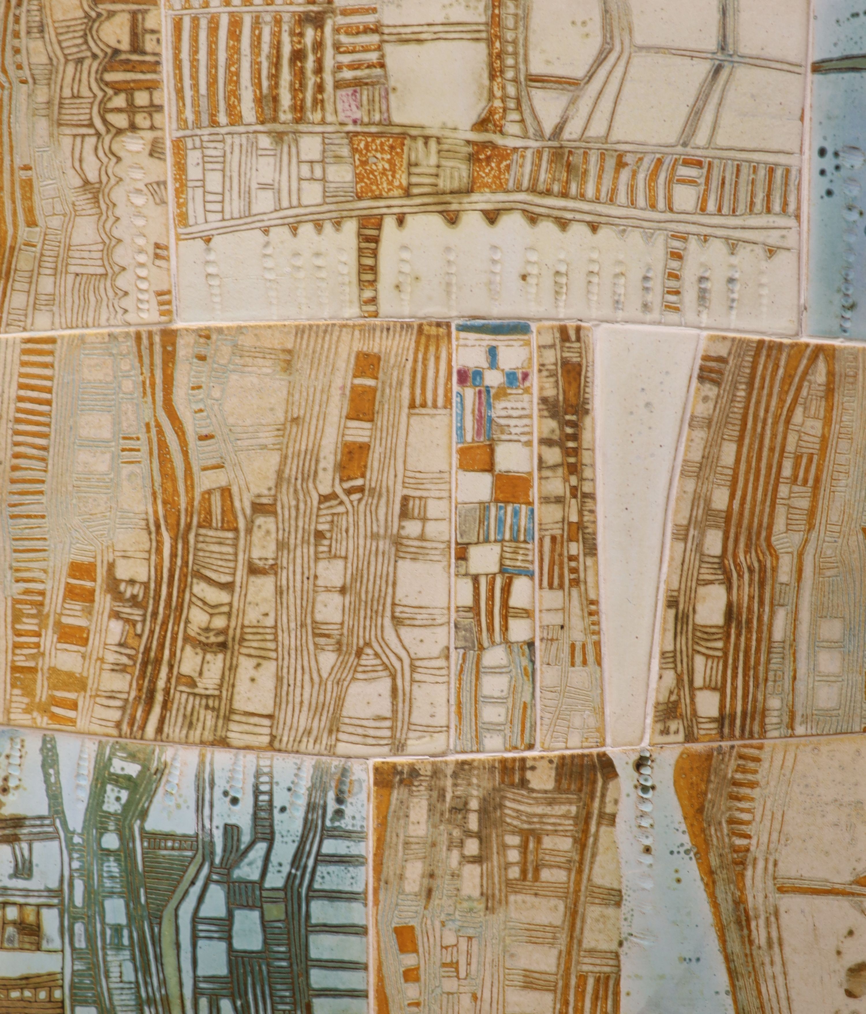 Linda John, 'Urbane Landscape', stoneware tiles with incised decoration in pale blue, brown and orange, Gallery on The Green label verso, signed and dated '98 verso, 44cm x 38cm